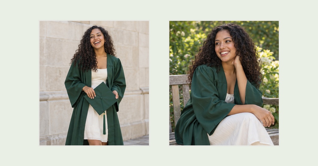 Two side-by-side photos of a smiling graduate in a green cap and gown.