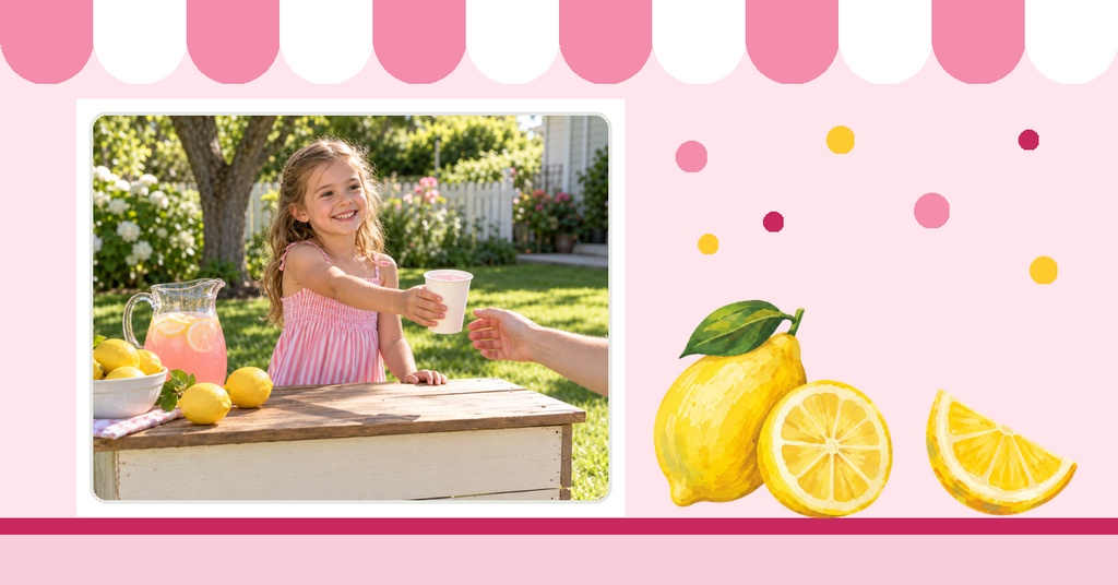 Girl serving lemonade at a pink lemonade stand with lemons and pastel decorations.