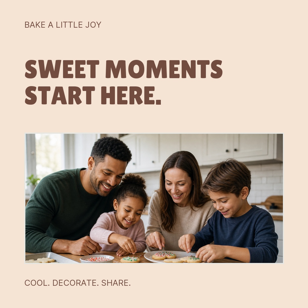 Family decorating cookies together with the text Sweet Moments Start Here.
