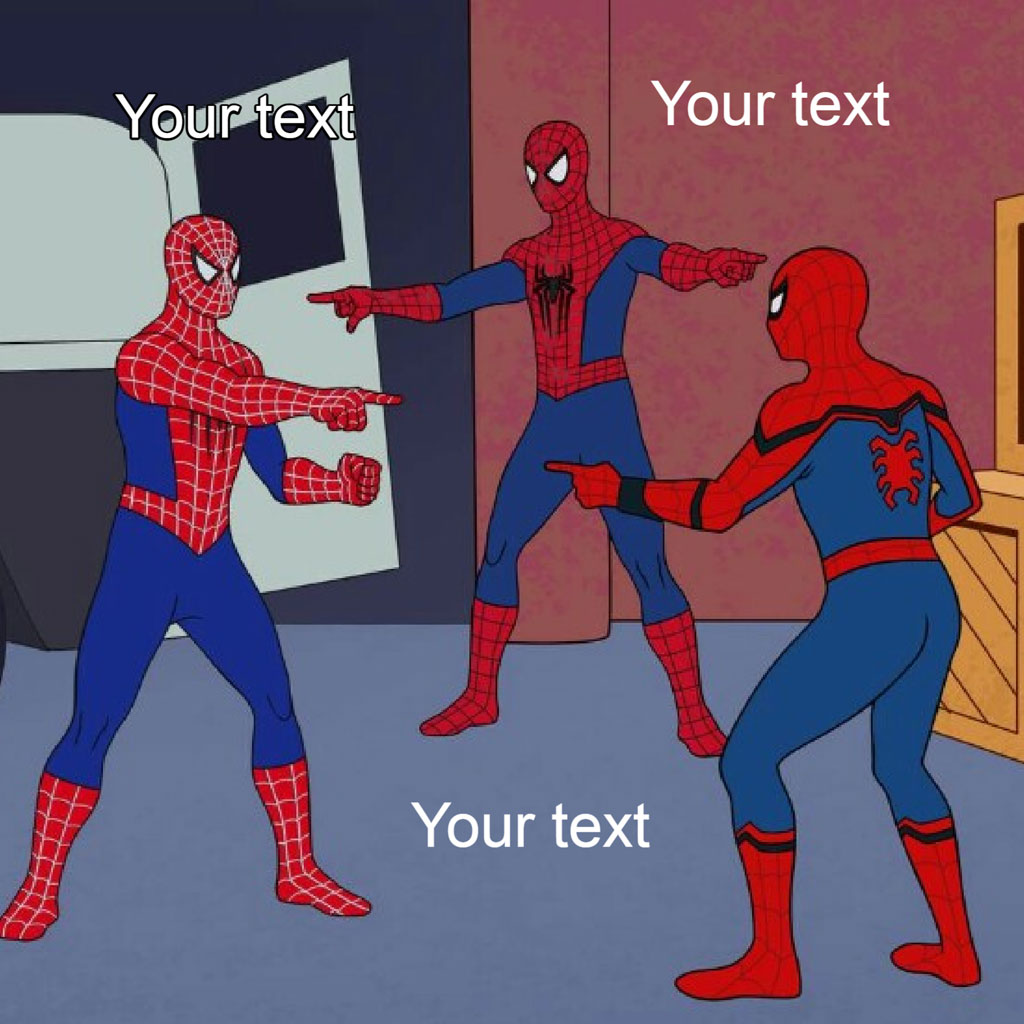 Three Spider-Man characters pointing at each other in a meme template