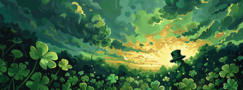 A person in a top hat stands in a field of shamrocks with a sunset in the background