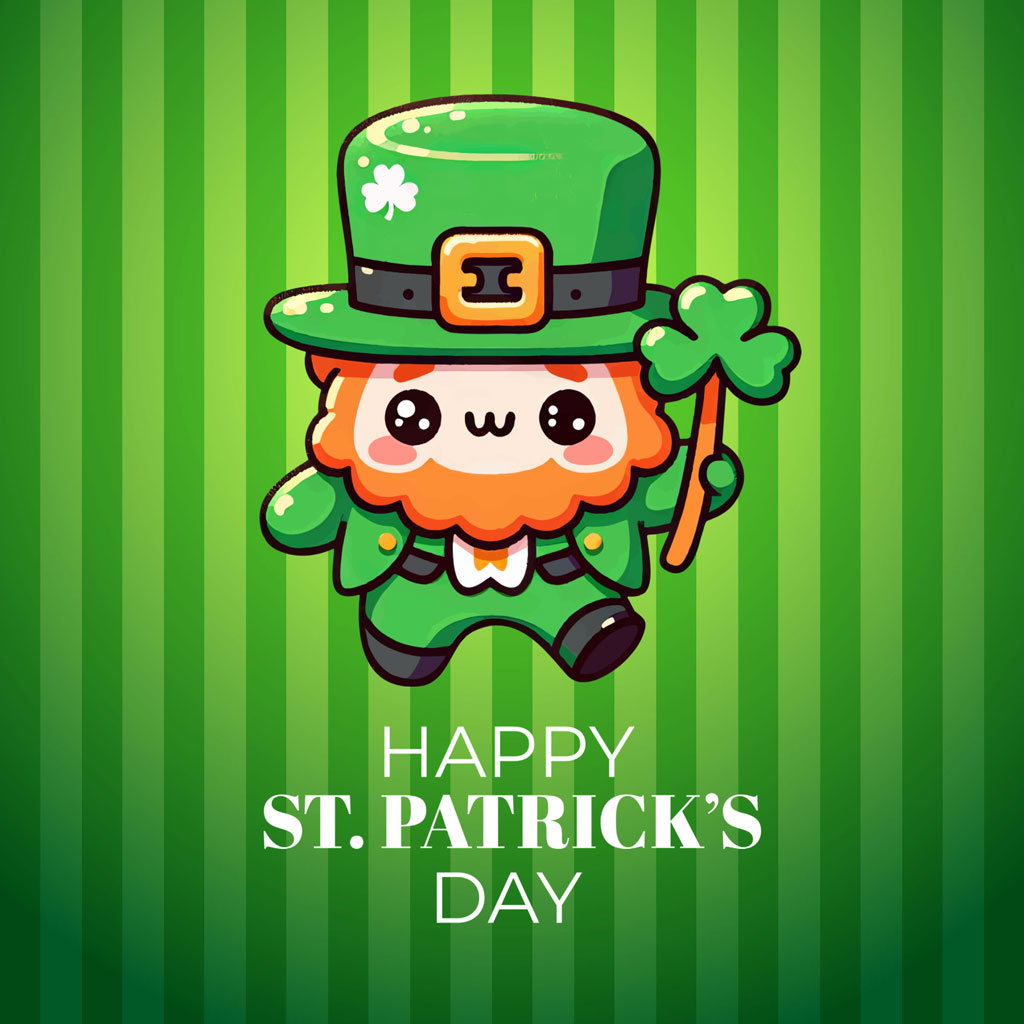 Cartoon leprechaun in green with shamrocks