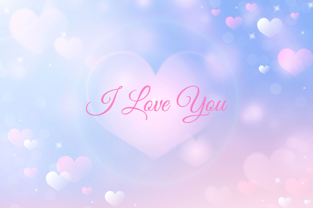A large pink heart with 'I Love You' text amidst smaller hearts and bokeh lights.