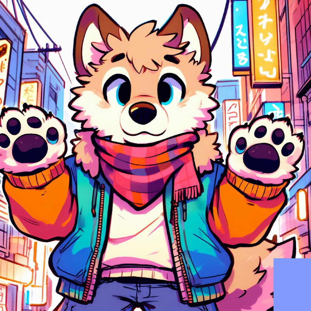 Cartoon dog with orange and white fur sitting in a garden