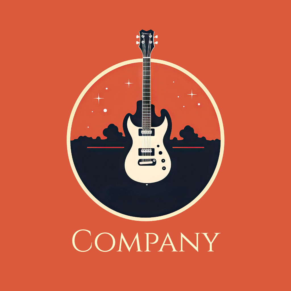 Company logo with a white electric guitar in a circle on an orange background