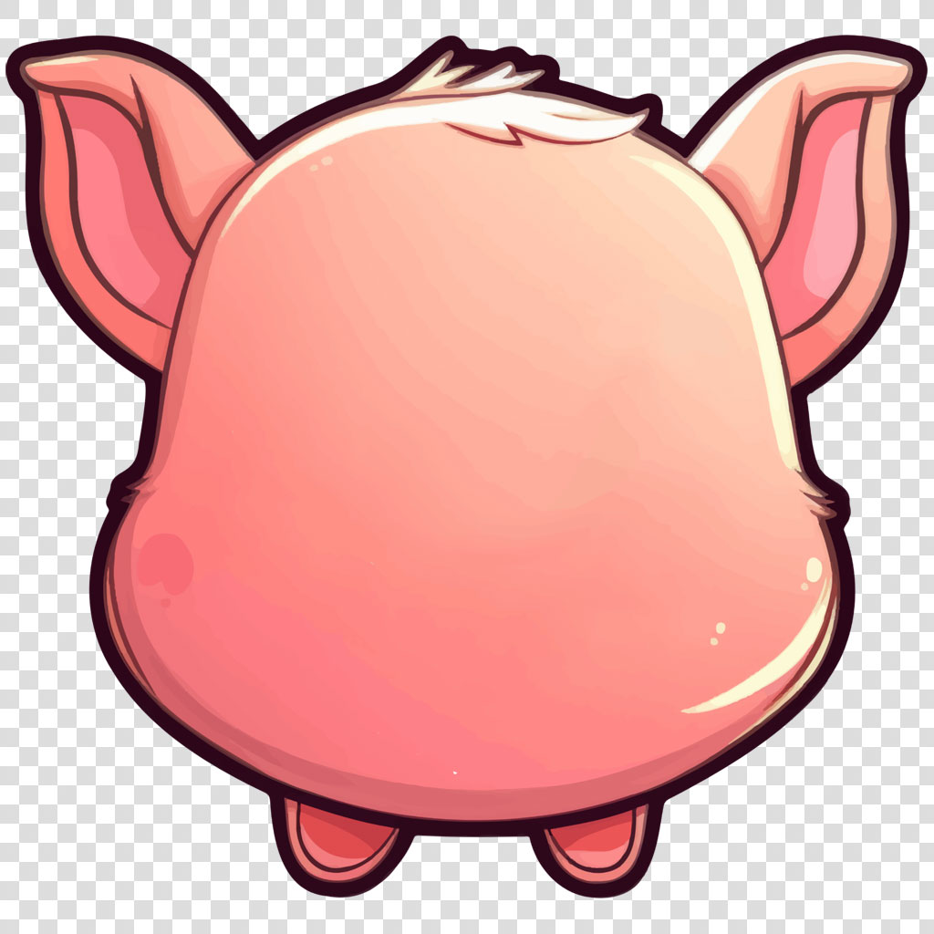 Rear view of a cartoon pig with pink skin and large ears
