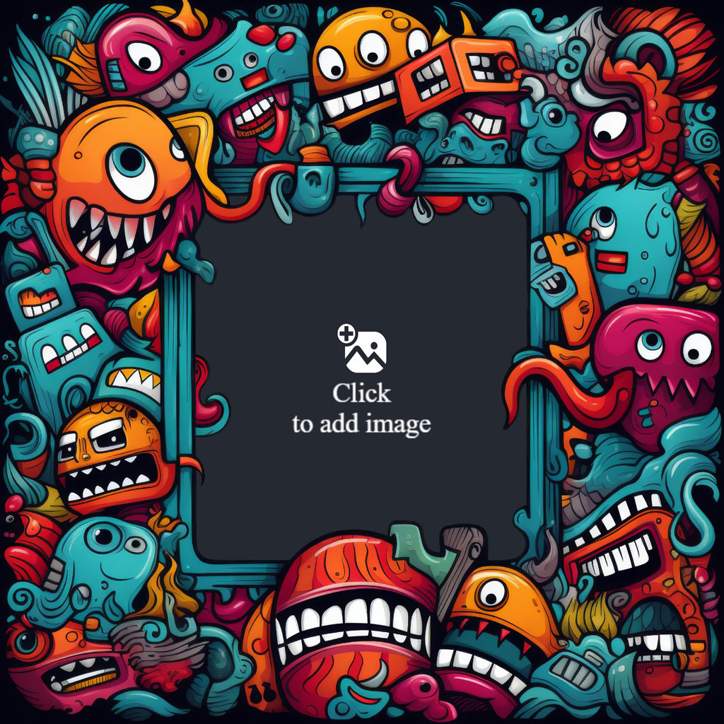 Colorful illustration of a frame with various sea creatures and monsters