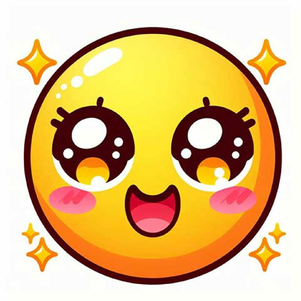A cartoon yellow face with a wide smile and rosy cheeks, surrounded by four golden stars.