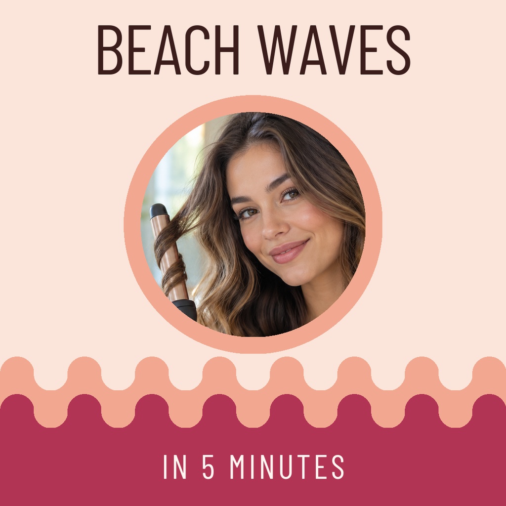 Square beauty template with beach waves text and a smiling woman holding a curling iron in a circle frame