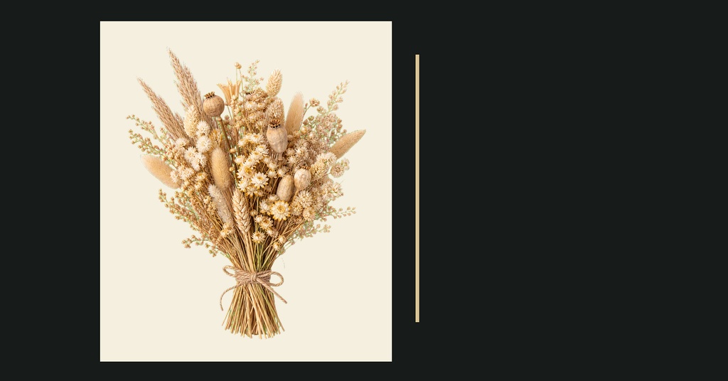 Dried floral bouquet on a cream background with a thin vertical line beside it.