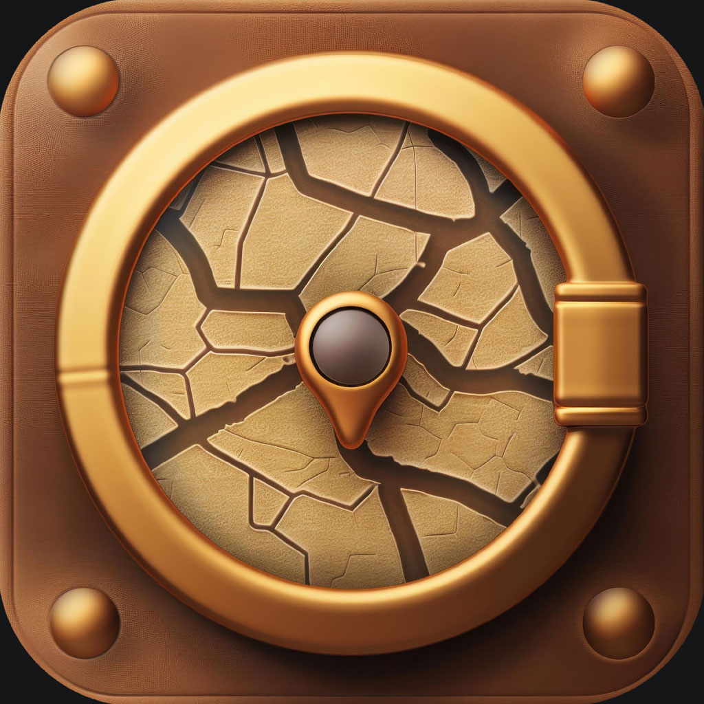 Icon of cracked earth within a gold circle on a brown background