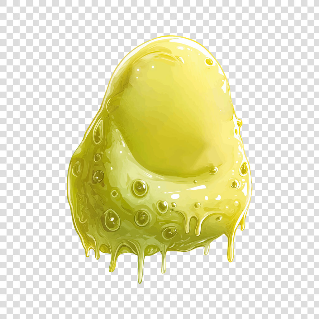 A yellow gel-like substance with a smooth surface and bubbles on a white background.