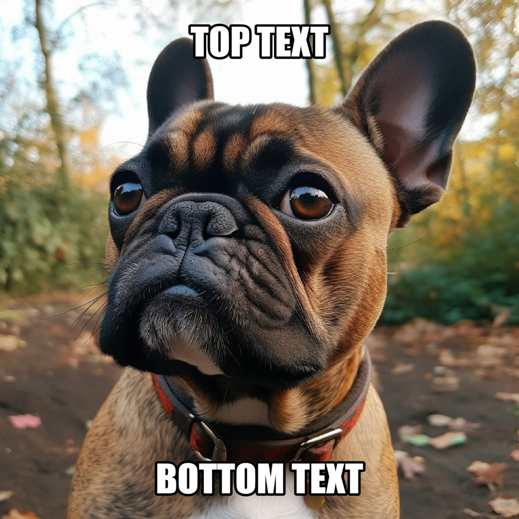 A brown French Bulldog with large ears and a red collar, set against a blurred outdoor background with trees and fallen leaves.