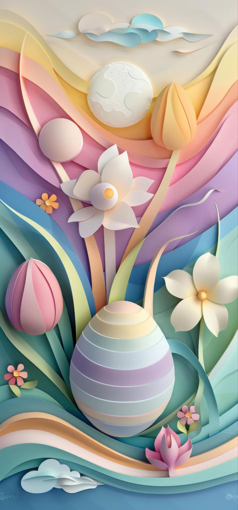 Colorful paper art featuring flowers and eggs
