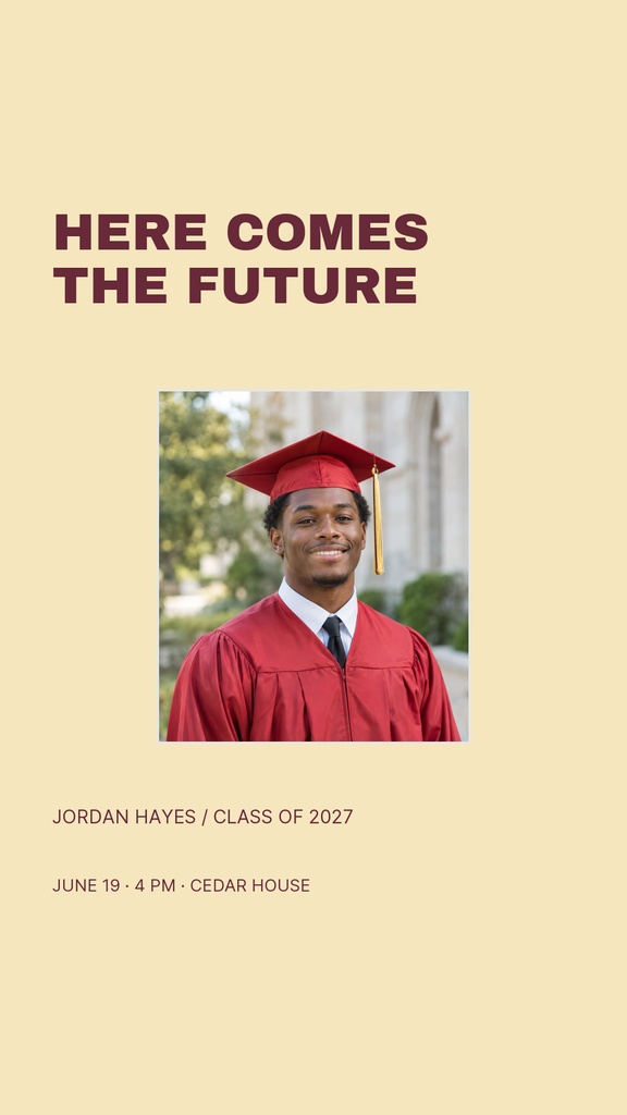 Instagram story template with a graduate portrait, bold title, and class of 2027 event details on a beige background.