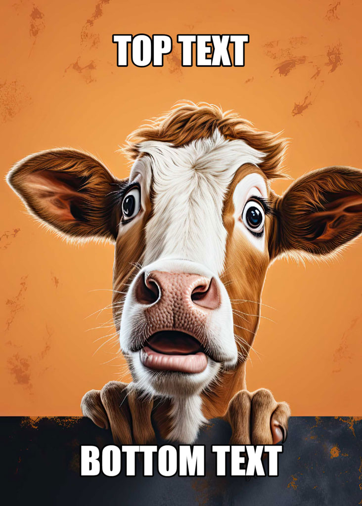 A cartoon cow peeking over a surface with a surprised expression