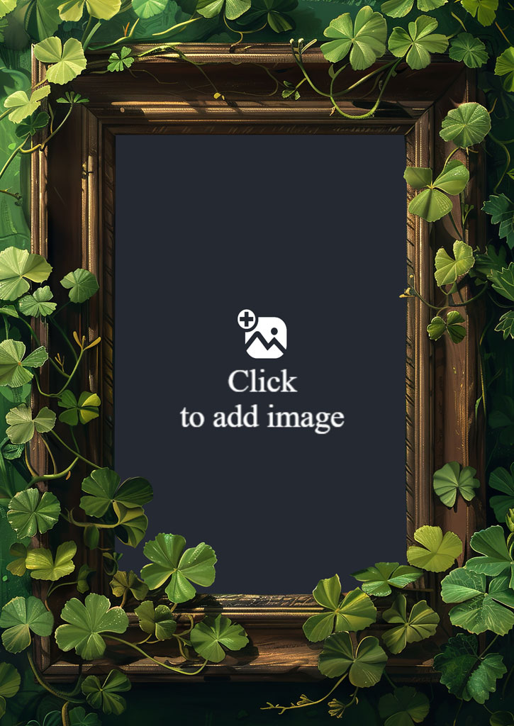 A wooden picture frame with intricate details, adorned with green leaves and vines.