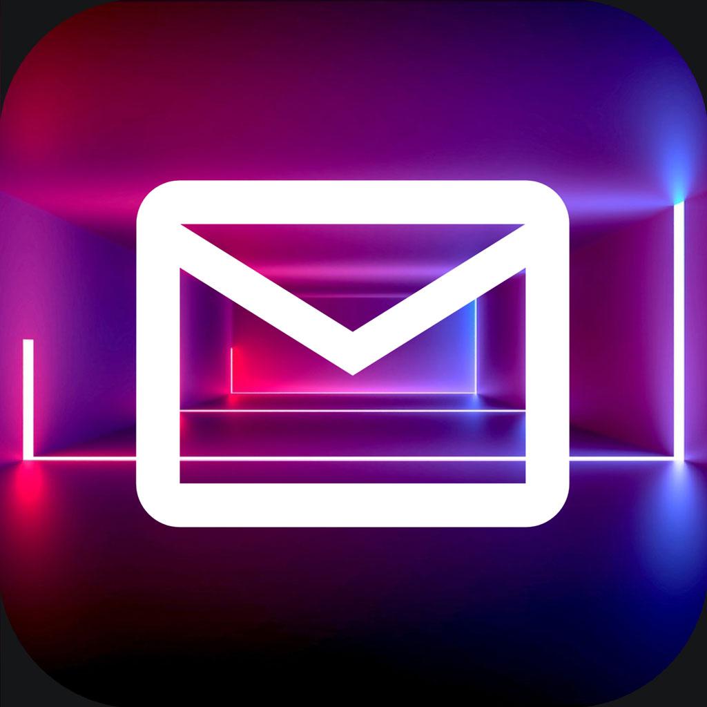 White email icon on a purple and pink neon-lit background
