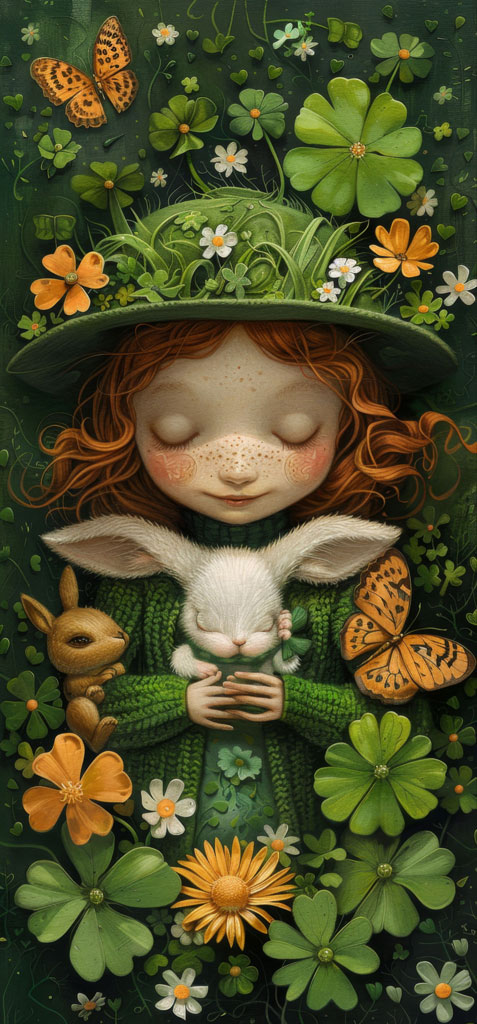 Illustration of a girl in green with a white rabbit, surrounded by flowers and butterflies