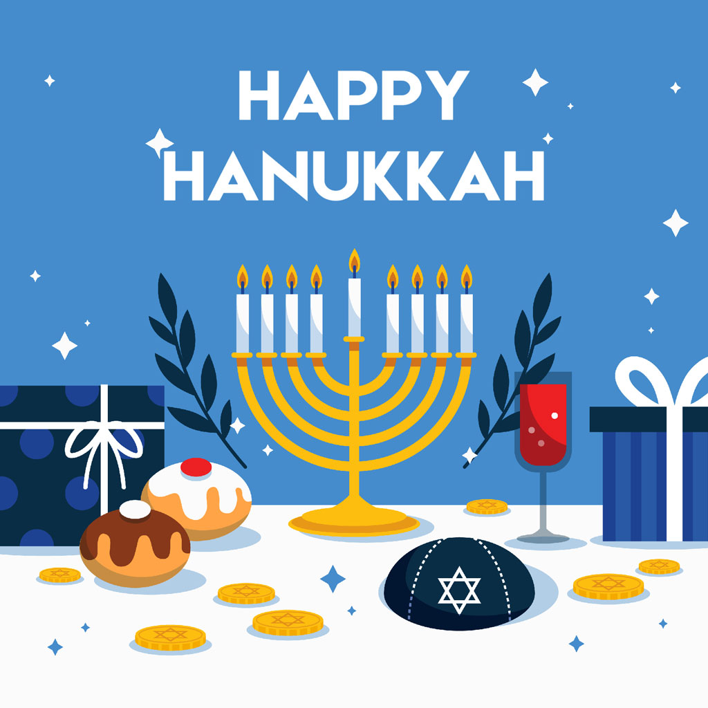 Hanukkah celebration with menorah, gifts, and traditional treats
