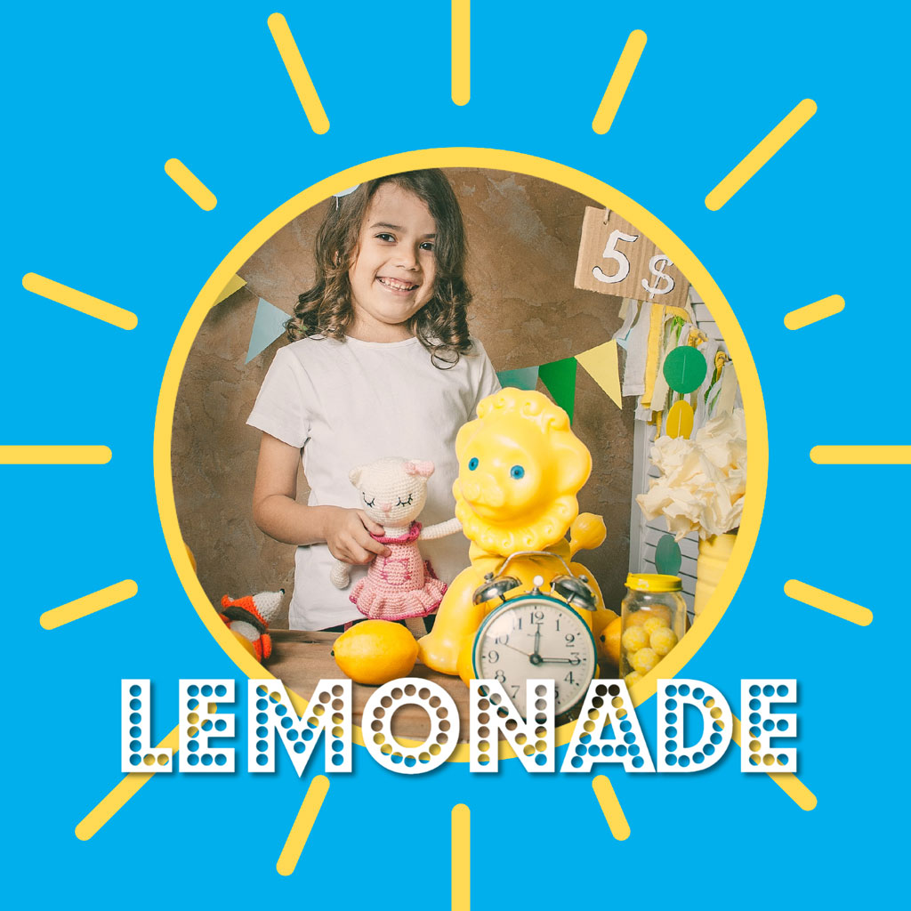 Girl holding a stuffed animal near a lemonade stand with a toy cash register