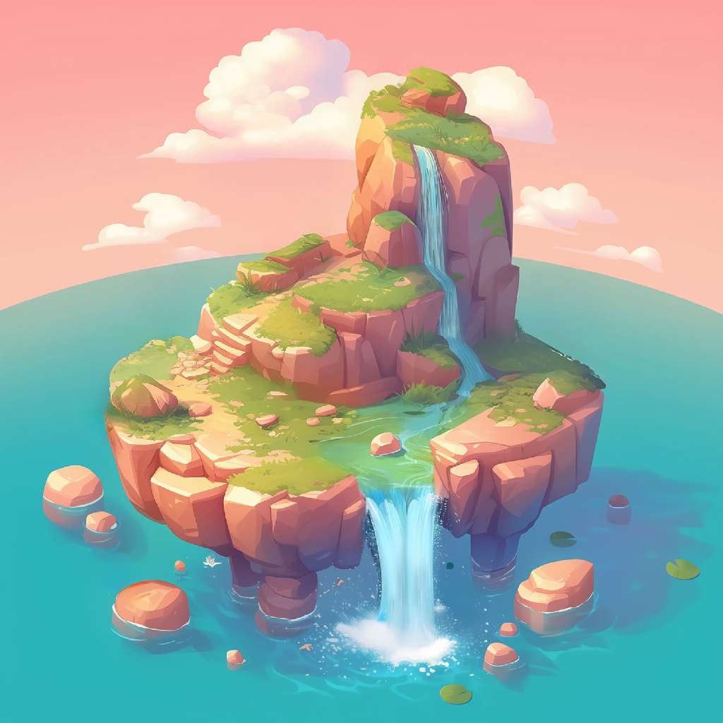A cartoon island with a waterfall in the middle of the ocean