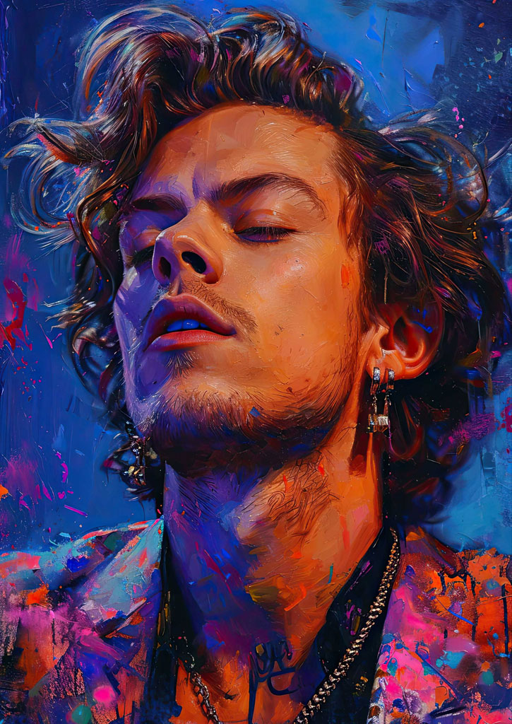 A digital painting of Harry Styles with his eyes closed, wearing earrings and a chain.
