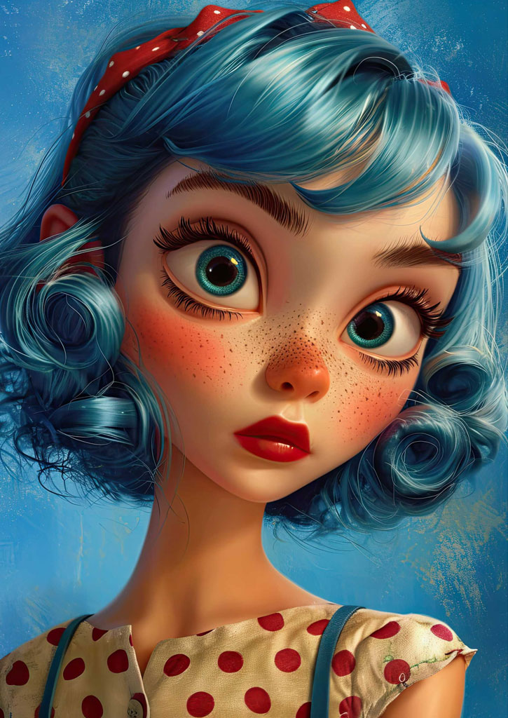 A cartoon girl with blue curly hair and red polka dot dress