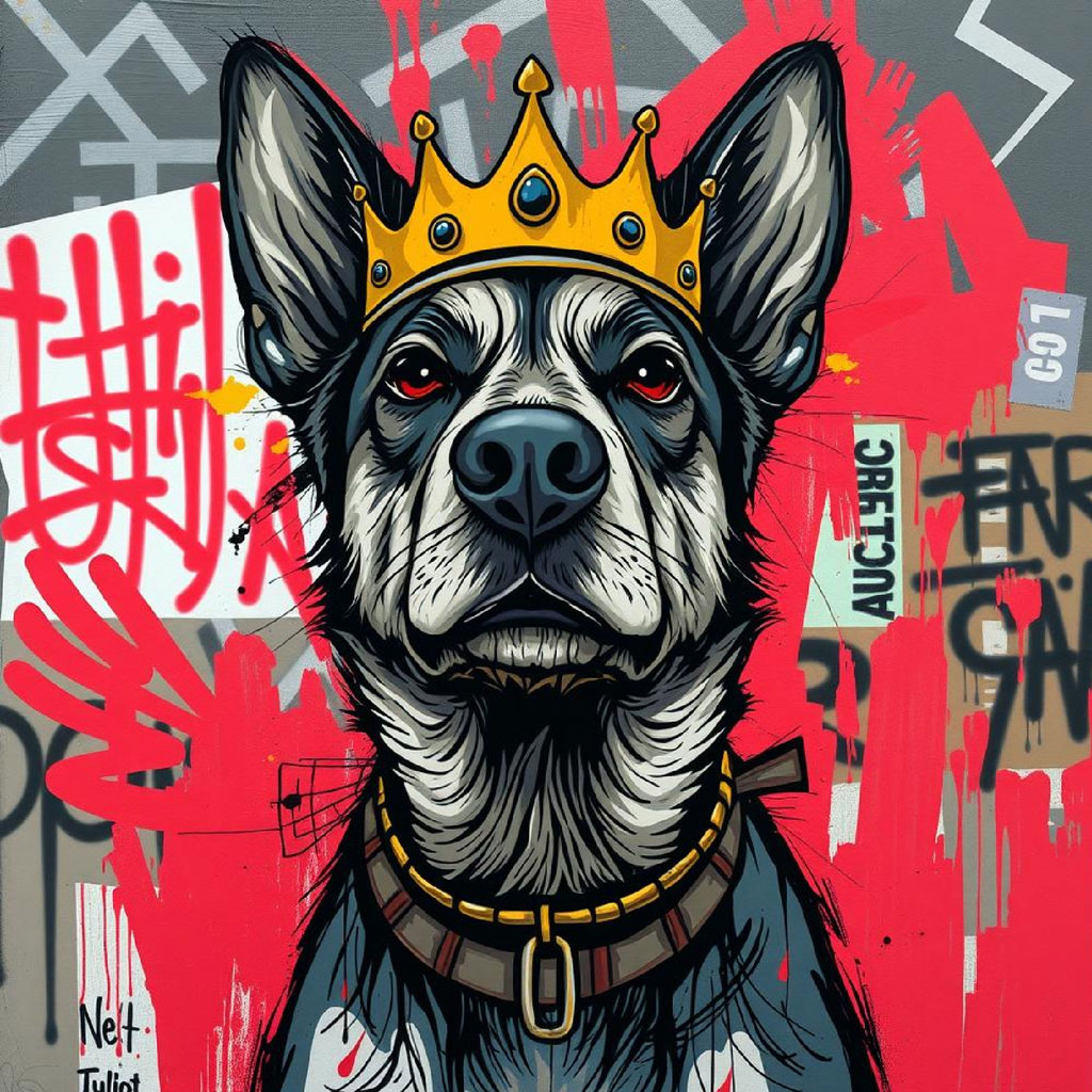 Graffiti artwork of a skull wearing a crown, surrounded by abstract shapes and colors