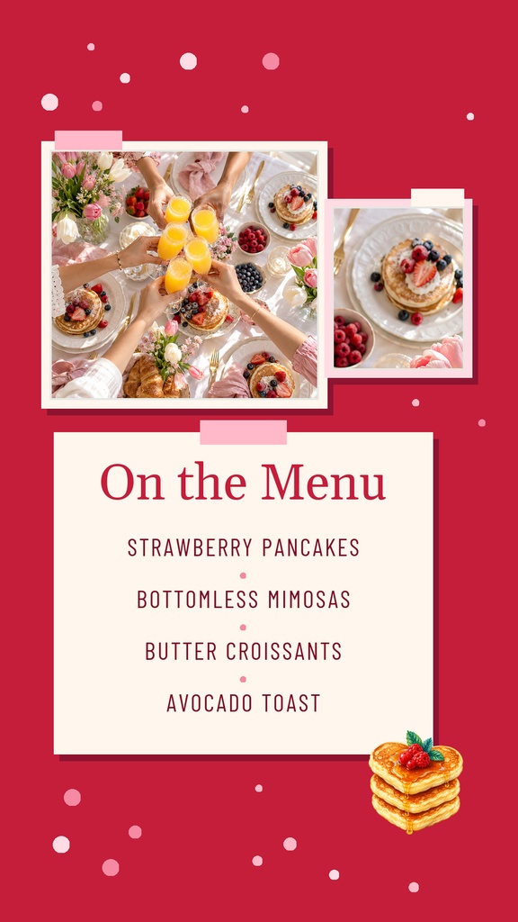 Pink Instagram story template with brunch photos, menu text, and decorative dots and pancakes.