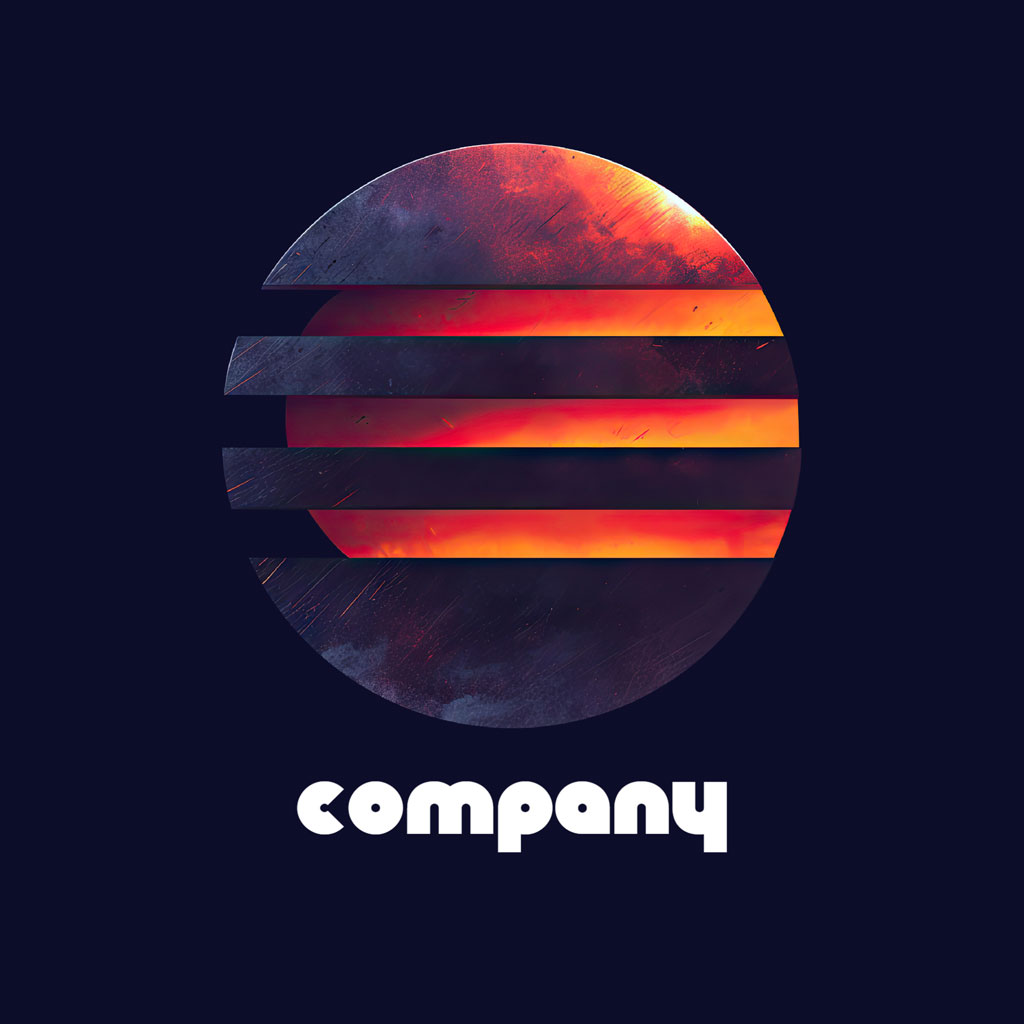 Company logo with a stylized circle and orange glow