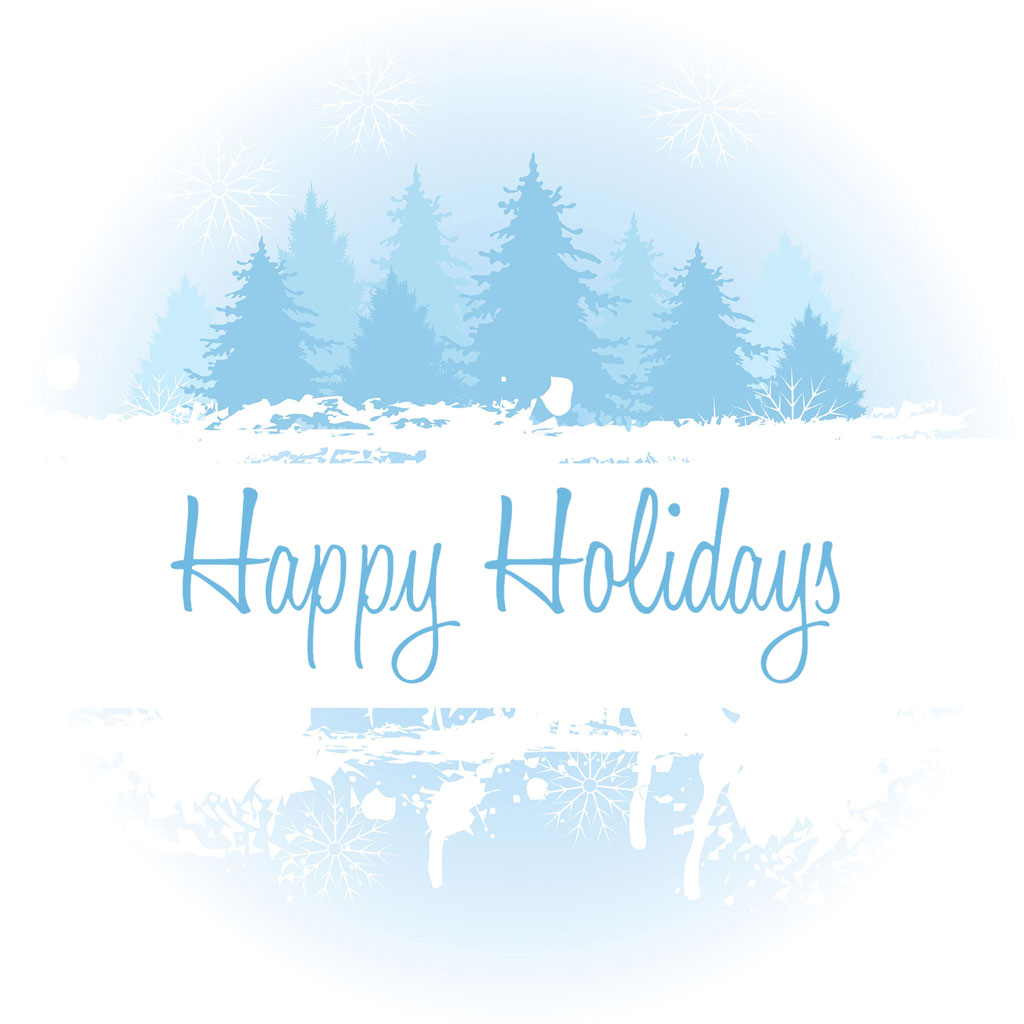 A winter landscape with snow-covered trees and the text 'Happy Holidays'.