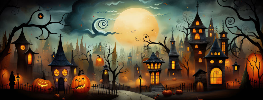 Haunted house with glowing windows and jack-o'-lanterns under a full moon