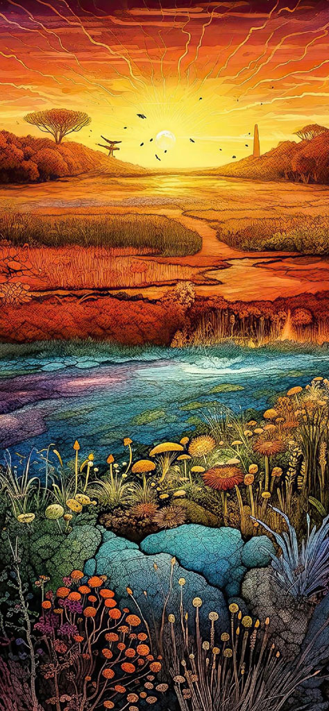 Surreal landscape with a river, fungi, and a vibrant sunset