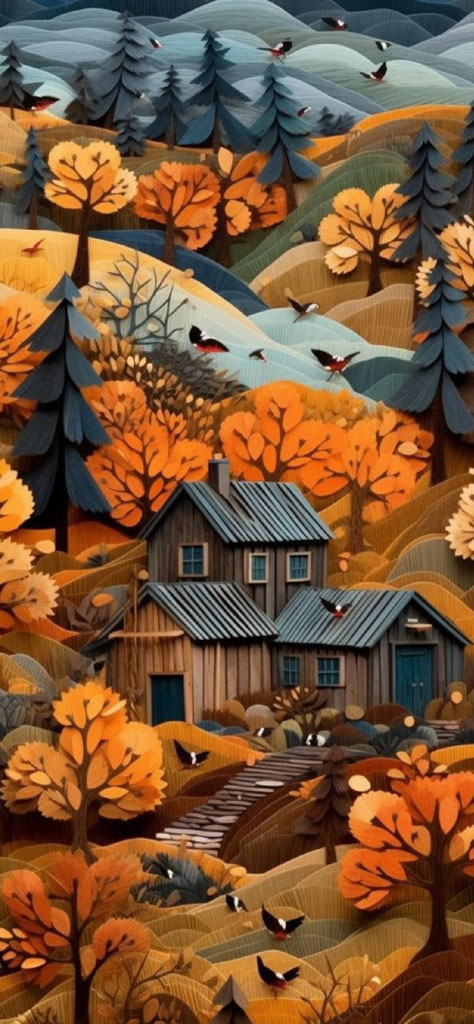 Illustration of a cozy wooden cabin in an autumn landscape with orange trees and rolling hills.