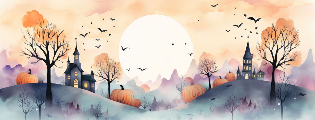 A watercolor-style illustration of a Halloween landscape with houses and trees on hills, pumpkins, and bats flying around a full moon.