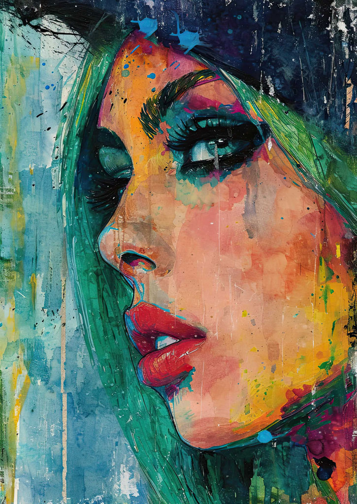 Abstract portrait of a woman with green hair and red lips