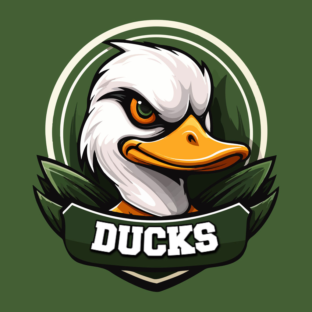 Stylized white duck head with orange beak and green eyes