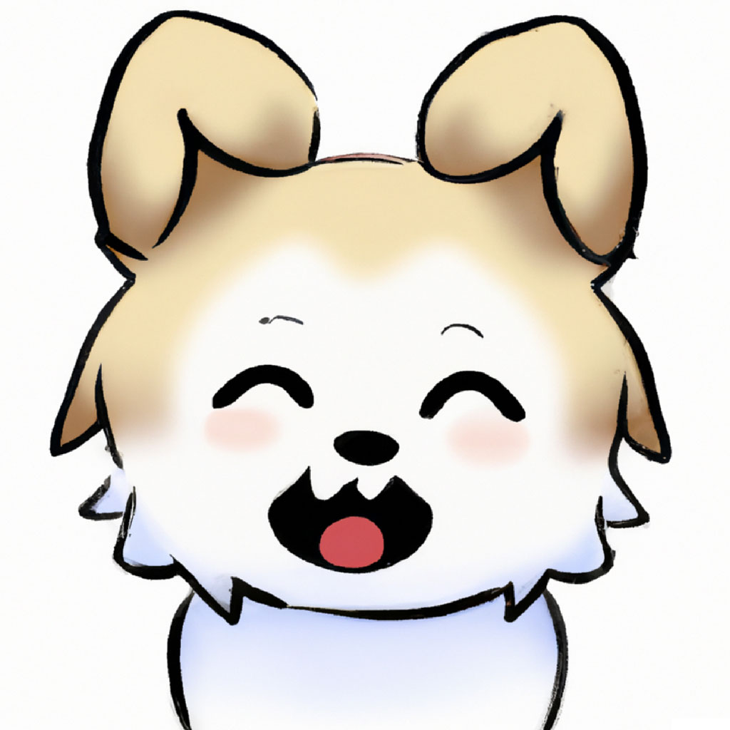 A cartoon dog with a big smile and closed eyes, showcasing a white and beige fur.