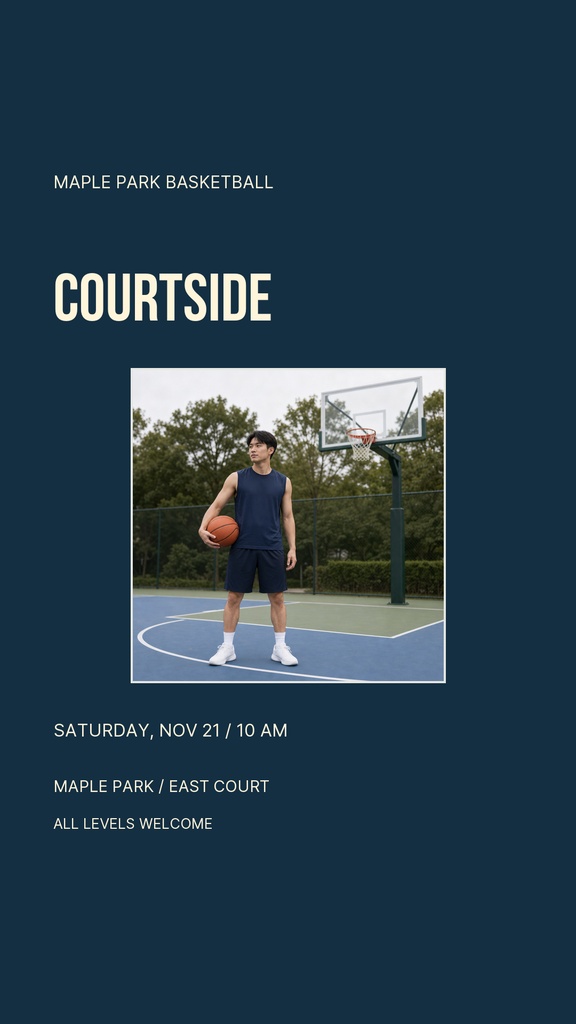 Portrait Instagram story template with a basketball player standing on an outdoor court.