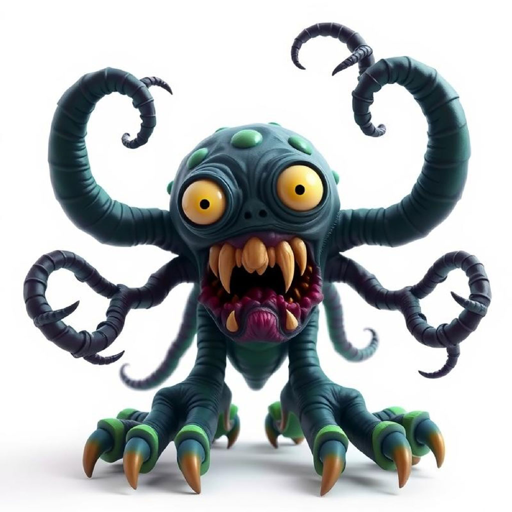 A 3D rendering of a green, multi-legged monster with sharp teeth and claws.