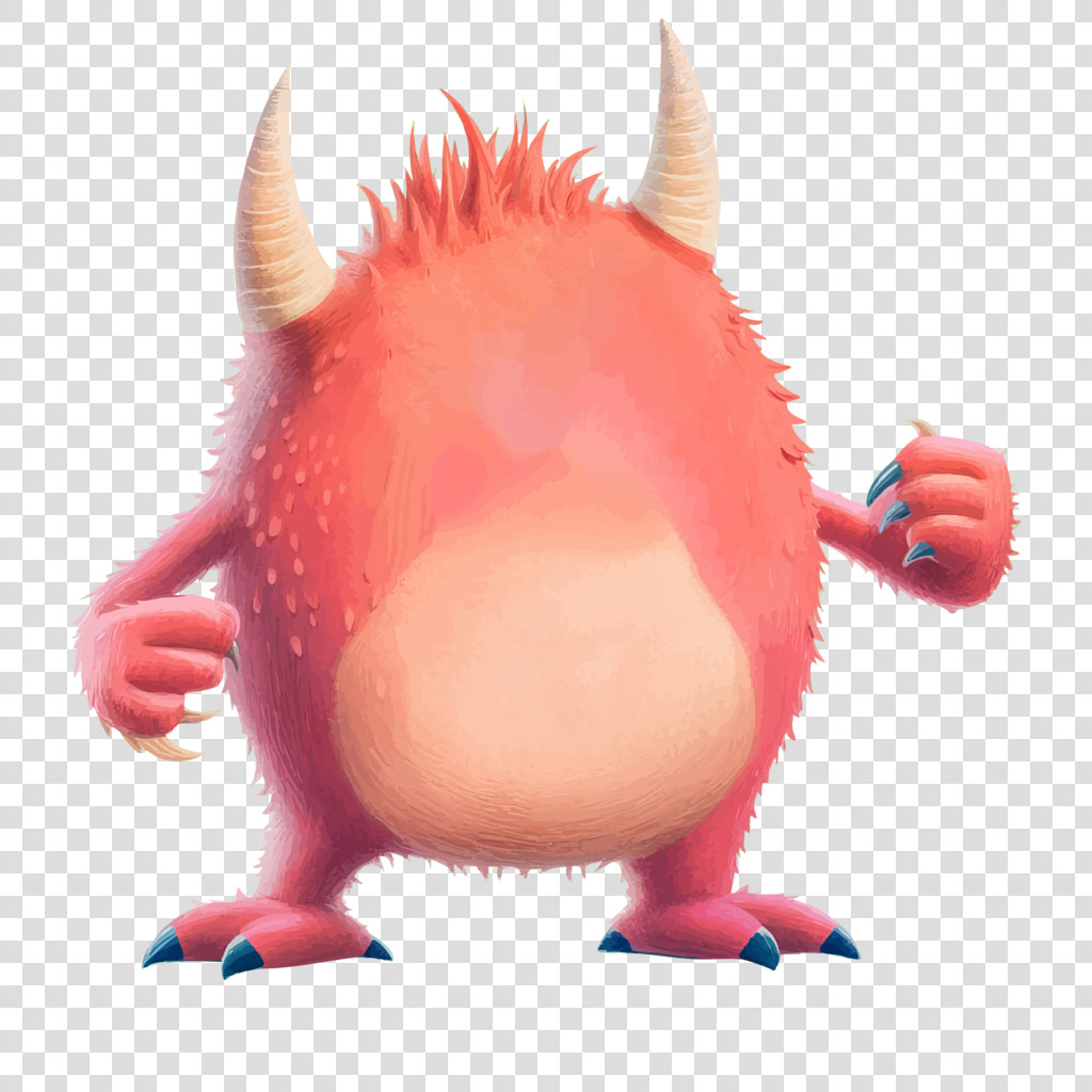 A digital illustration of a red, furry monster with two horns and sharp claws.
