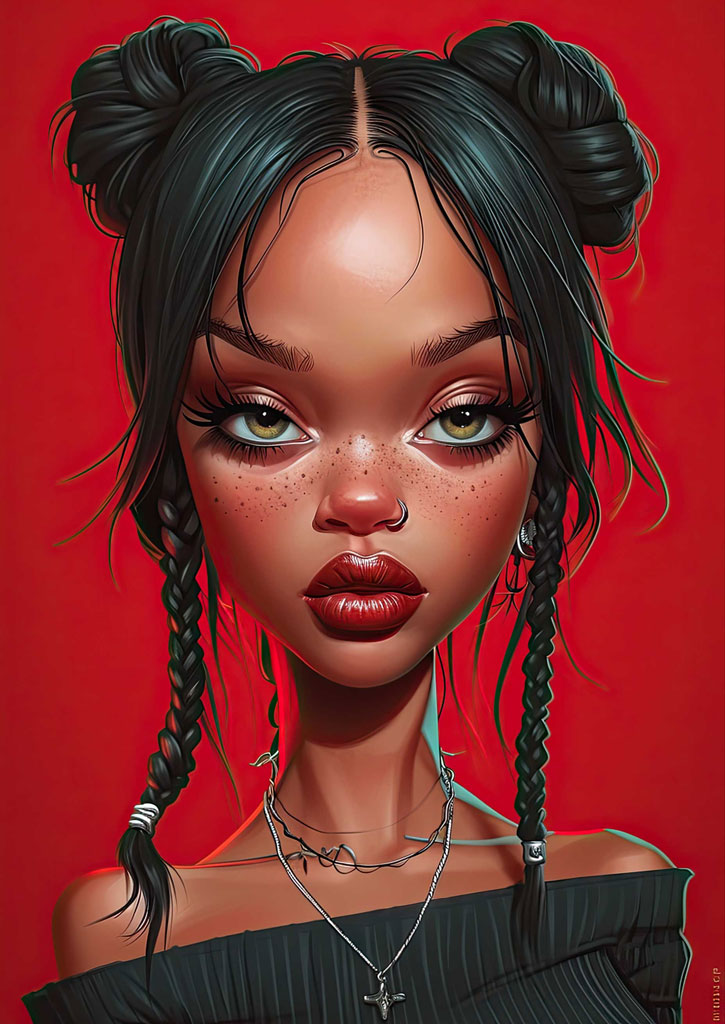 Digital art portrait of a woman with braids and red lipstick