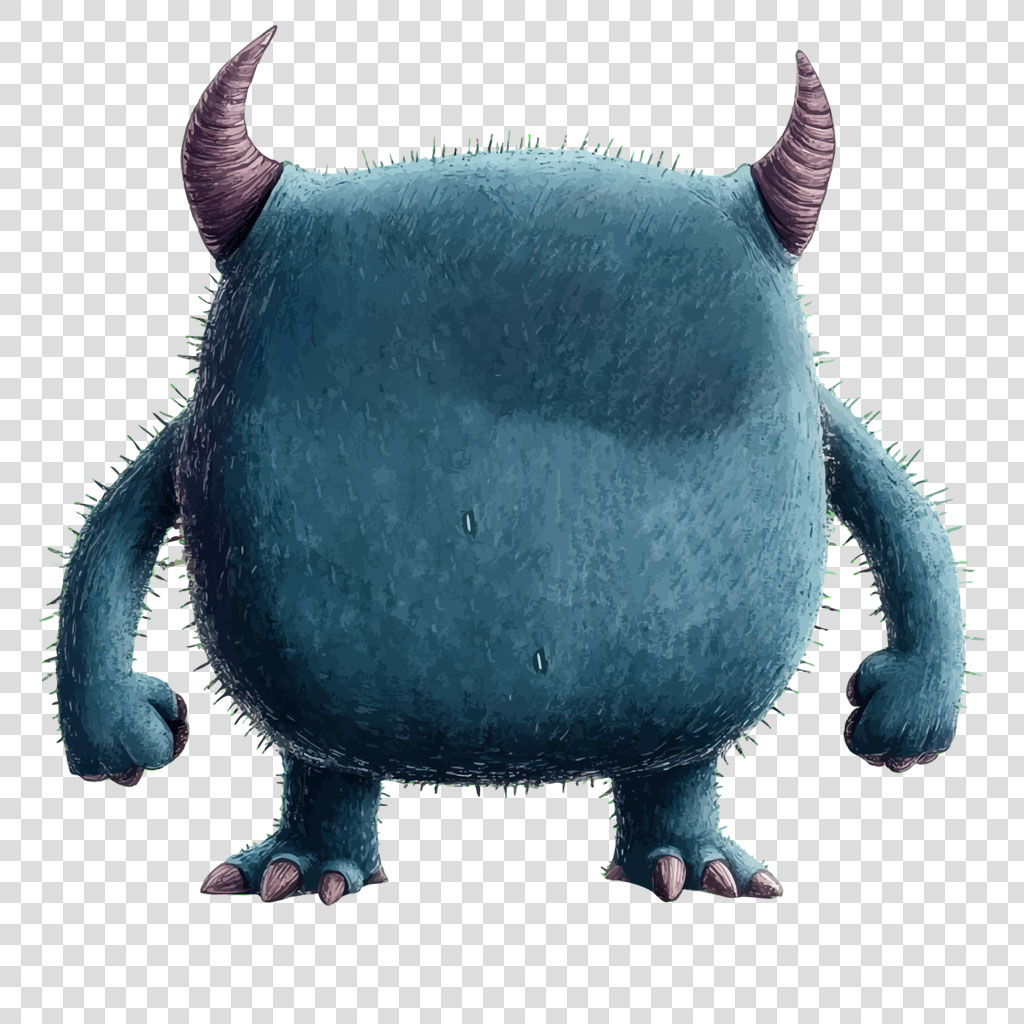 A blue monster with horns and spikes on a white background