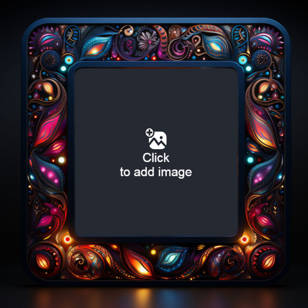 A digital frame with a vibrant, swirling border and a blank screen.