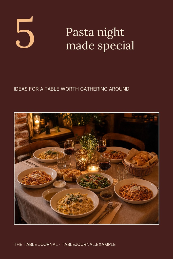 Portrait Pinterest pin showing a pasta dinner table with bowls of pasta and warm candlelight.