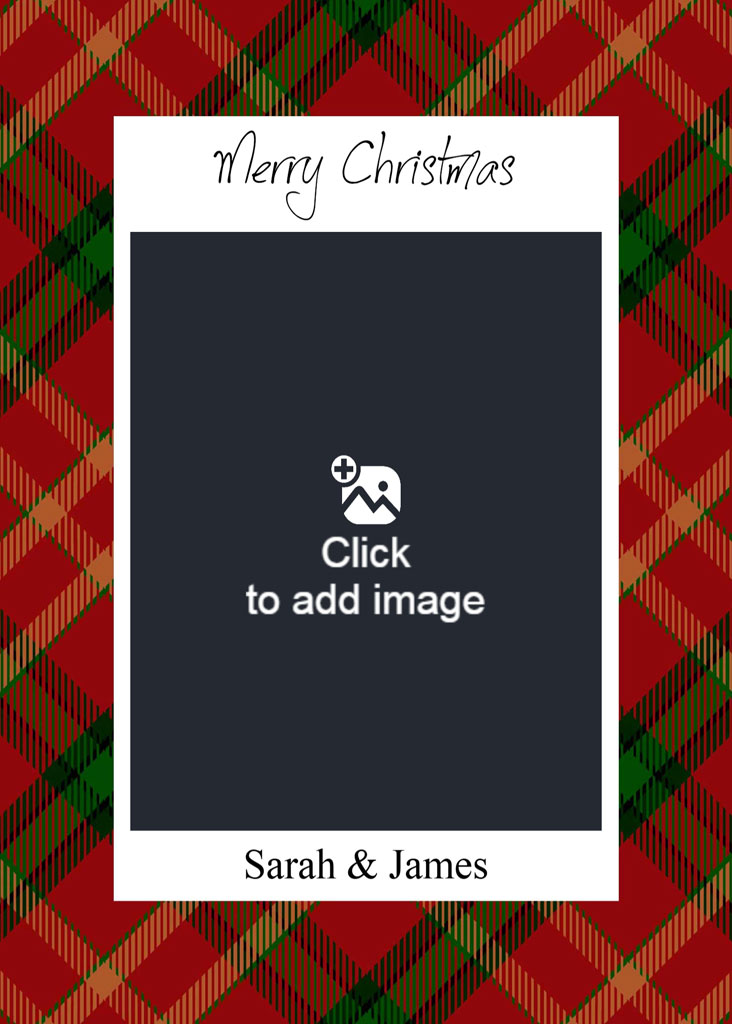A man and woman smiling together on a Christmas card with a red plaid background.