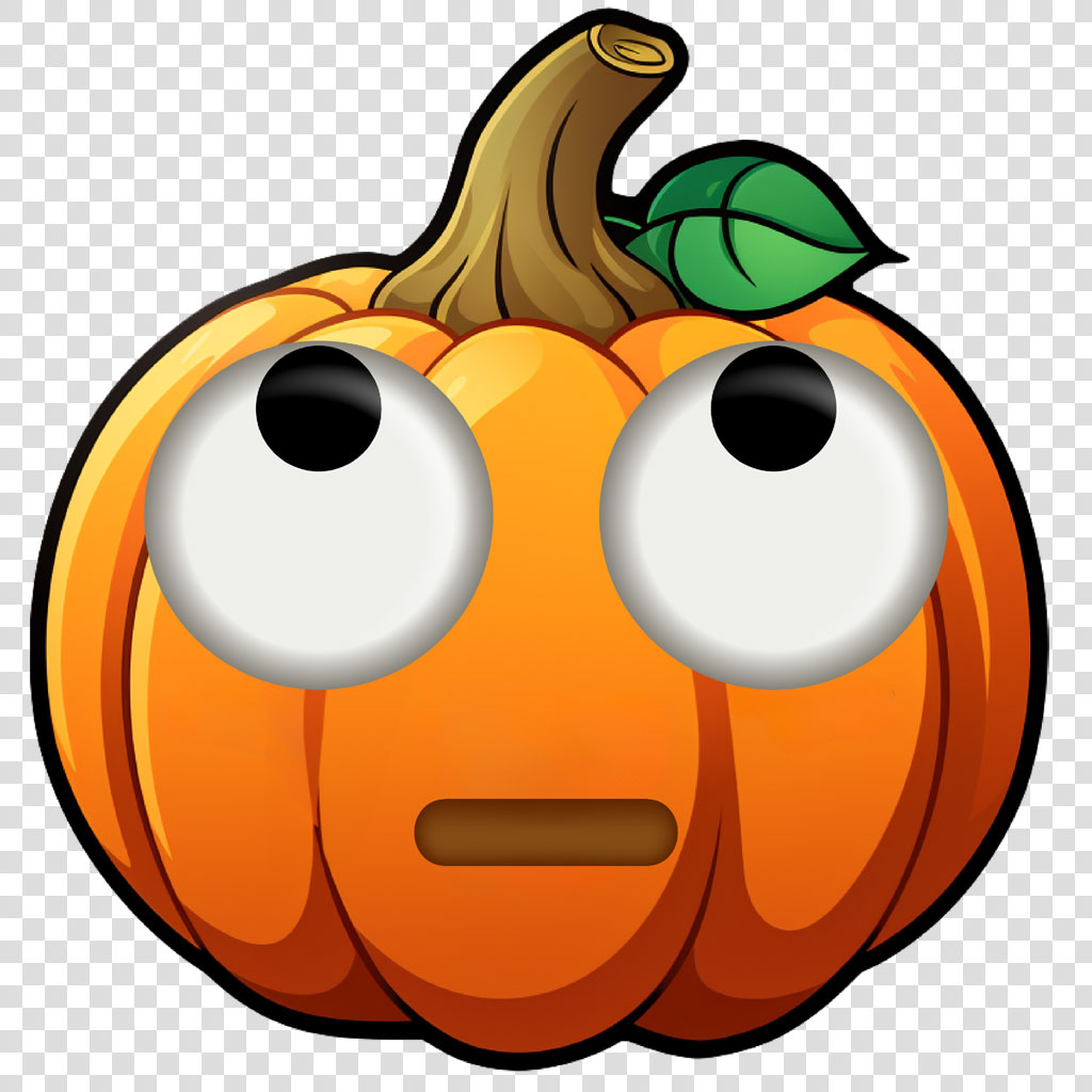 A surprised cartoon pumpkin with large eyes and a green leaf on top