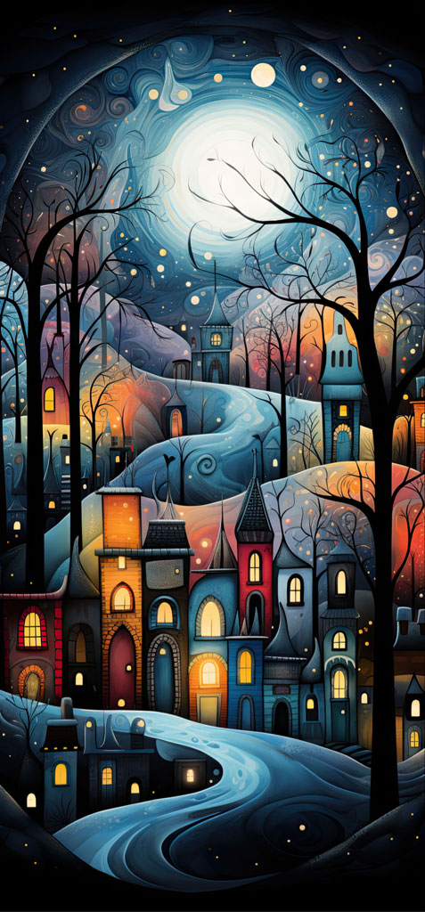 Illustration of a snowy village with glowing houses under a starry night sky