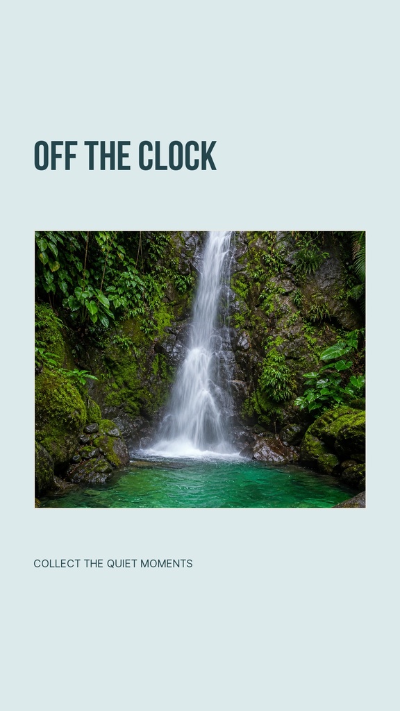 Portrait design with the words Off the Clock above a waterfall photo and small caption text below.